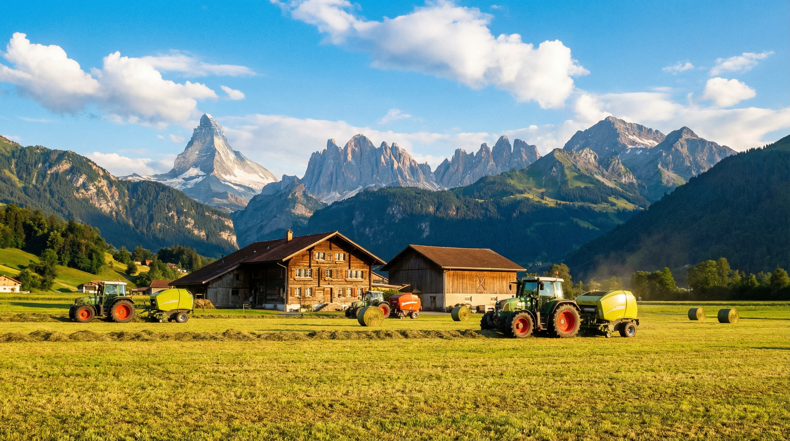 Heuernte in der Schweiz mit Alpenpanorama